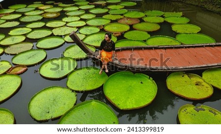 Drone shot of Girl on Boat surrounded by Victoria Amazonica Natural landscape aquatic plants