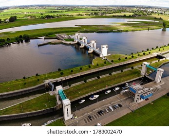 Drone Shot With Lake, Weir And Sluice In The Netherlands