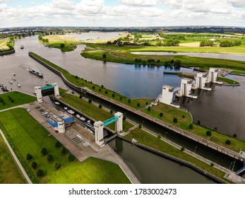 Drone Shot With Lake, Weir And Sluice In The Netherlands