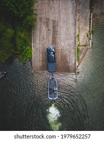 Drone Shot Of Launching Bass Boat In The Lake 