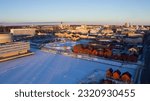 Drone shot of Oulu at winter evening