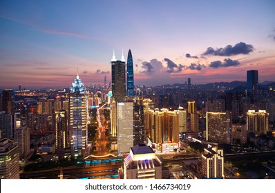 Drone Shot Panoramic Cityscape Of Modern City Shenzhen, China At Dusk