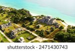 Drone shot Ruins of Tulum, Mexico overlooking the Caribbean Sea in the Riviera Maya Aerial View. Tulum beach Quintana Roo Mexico. White sand beach background