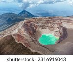 Drone shot showing crater lake at Santa Ana Volcano in the central american country of El Salvador.
