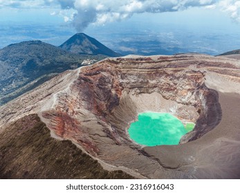 Drone shot showing crater lake at Santa Ana Volcano in the central american country of El Salvador.
