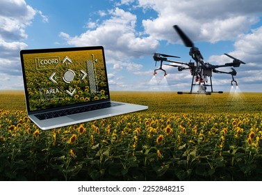 Drone sprayer and laptop. Smart farm - Shutterstock ID 2252848215