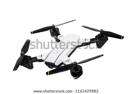 Drone Technology concept . Pocket spy Foldable Drone quadrocopter, with photo camera flying isolated on white background,with clipping path.