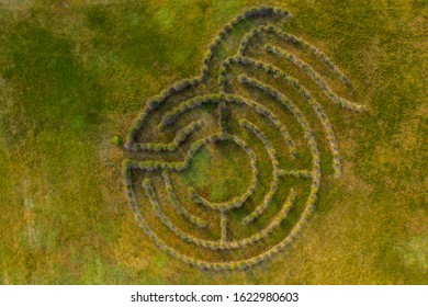 Drone Top Down Photography Of Decorative Lavender Maze During Summer Day.