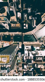 Drone Top Down Shot Of Downtown Chicago And Chicago River