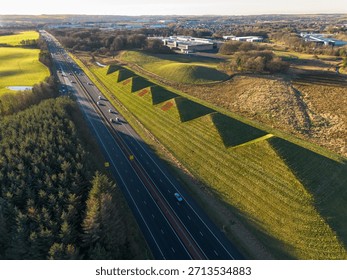 Drone View of Bathgate Pyramids Memorial Artwork Along the M8 Motorway