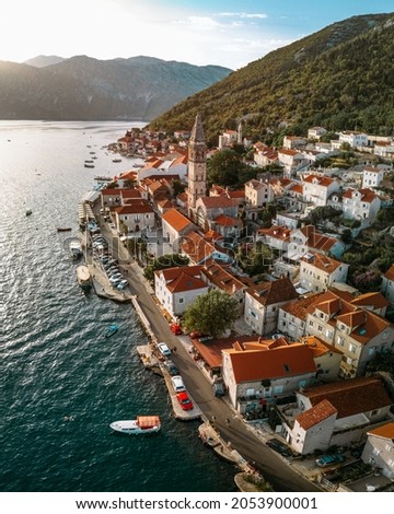 Drone view of a beautiful coastal town in Montenegro called Perast