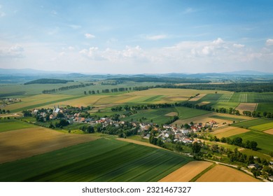 Drone view of beautiful, countryside landscape. Bobolice, aerial view of polish village, Lower Silesian landscape. 