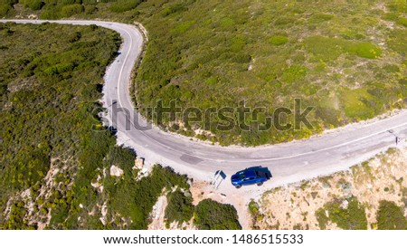 Drone view blue pick up on the road in turkey 