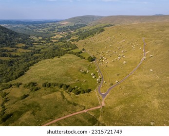 Drone view of the Brecon Beacons road from Heol Senni and Ystradfellte known as Devil's Elbow popular with cyclists and walker in South Wales UK