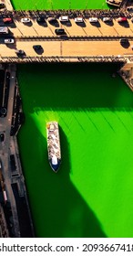 Drone View Of Chicago River On St Patrick's Day