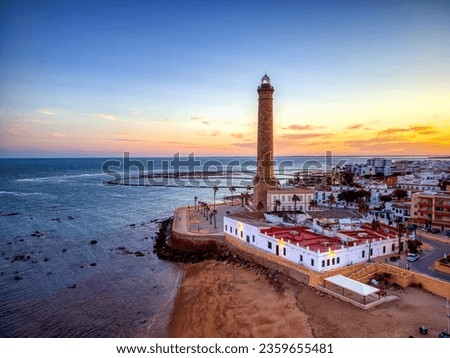Drone view of the Chipiona lighthouse at dawn in the province of Cadiz. Spain.