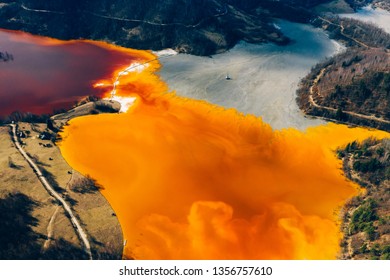 Drone View Of Contaminated, Toxic Water Stream In Geamana, Romania