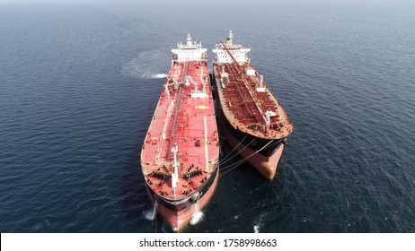 Drone View During Ship To Ship  Transfer Operation Between Oil Tankers 