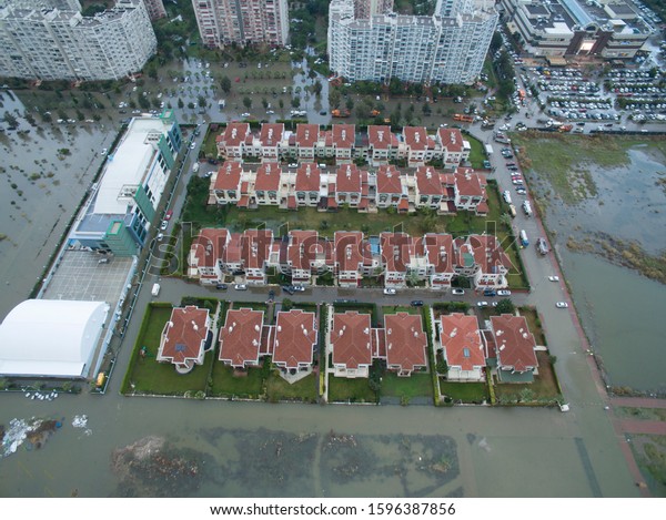Drone view of flood in the city. Houses under\
water in Mavisehir / Izmir,\
Turkey.