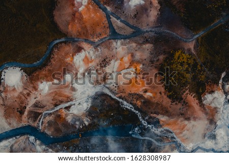 Drone view of geothermal fields showing volcanic activity of active volcano fumaroles. Seltun geothermal field in Krysuvik on Reykjanes peninsula, South West Iceland.
