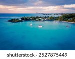 Drone view of the greater Grand Baie area on Mauritius, with its beautiful estates and beaches, Cap Malheureux and Gunner