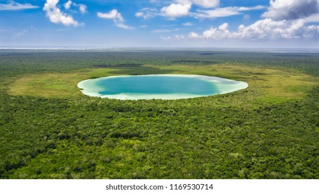 Drone view of the hidden treasure Kaan Luum lagoon in Tulum Quintana Roo Mexico