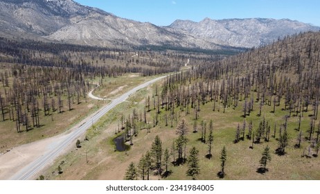 Drone view from high up looking down highway 4 with recent wildfire damage - Powered by Shutterstock