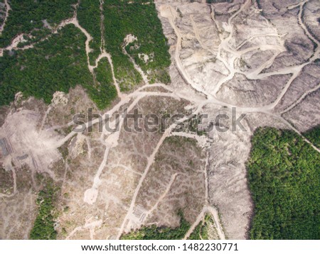Drone view of Kaz Mountains. Deforestation of Kaz Daglari. Aerial shot of the gold mine in Kirazli, Canakkale / Turkey. 