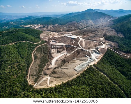 Drone view of Kaz Mountains. Mount Ida gold mine. Deforestation of the mountain in Canakkale / Turkey. Gold mine from above. 