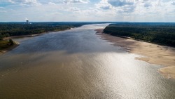 Drone View Looking Downstream On The Mississippi River Near Grand Gulf, Mississippi. Low Water On The River Exposed A Sandbar On The Right Descending Bank. Lowest Water In 30 Years.