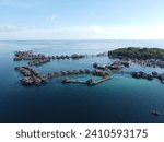 Drone view of Mabul Island, the base for diving in Sipadan Island, Sabah state in Malaysia.