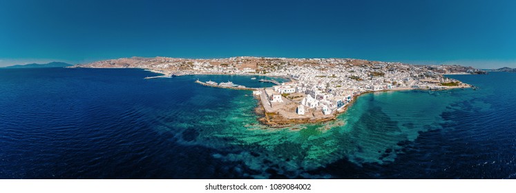 Drone View At Mykonos Greece, Mikonos Town With Little Venice And Windmills