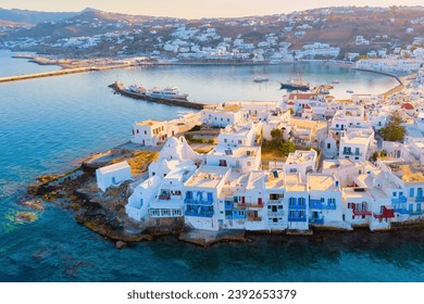 Drone view of Mykonos Greek village in Greece. Little Venice Mykonos town drone aerial view - Powered by Shutterstock