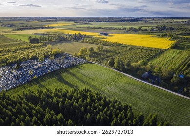 Drone view of orchards and fields in Rogow village, Lodz Province of Poland