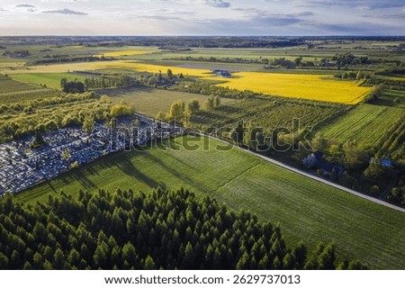 Drone view of orchards and fields in Rogow village, Lodz Province of Poland