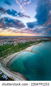 Drone View Over The Beach And The Sarafovo District, A District Of The City Of Burgas. The Airport Of Burgas Is Also Located In The Sarafovo District.