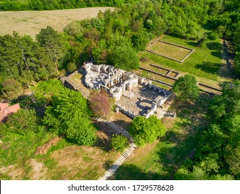Drone view over Great Preslav (Veliki Preslav), Shumen, Bulgaria. Ruins of The capital city of the First Bulgarian Empire medieval stronghold