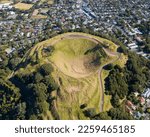 Drone view over Mount Eden Volcano in Auckland , New Zealand, summer time