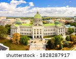 Drone view of the Pennsylvania State Capitol, in Harrisburg. The Pennsylvania State Capitol is the seat of government for the U.S. state of Pennsylvania