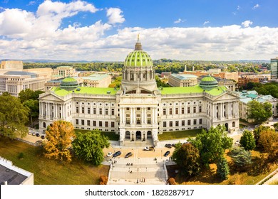 Drone view of the Pennsylvania State Capitol, in Harrisburg. The Pennsylvania State Capitol is the seat of government for the U.S. state of Pennsylvania