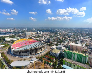 Drone View Of The Rajamangala National Stadium With Cloudy Sky. 