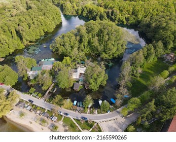 Drone View At Restaurants In The Fresh Water Source Of Saint Naum On Macedonia