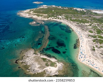 Drone view of Sa Mesa Longa beach, San Vero Milis, Sinis Peninsula, Oristano, Sardinia, Italy