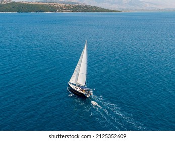 Drone view of sailing boat on the sea in corfu greece