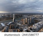 Drone view of the skyscrapers at the sunset Belgrade waterfront and skyline towers. Serbia, Europe