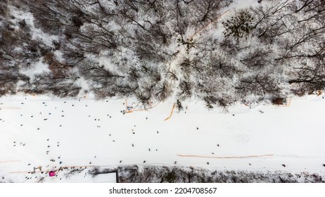 Drone View At Slope On Ski Resort. Forest And Ski Slope From Air. Winter Landscape From A Drone. Snowy Landscape On Ski Resort. Aerial Photography