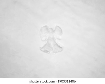 Drone View Of A Snow Angel Made In The Snow Close Up, Copy Space