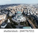 Drone view of the St. Sava Temple placed in the Belgrade city. The largest orthodox cathedral in the world. Belgrade, Serbia, Europe.