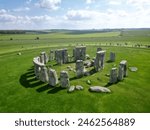 Drone view of Stonehenge and Wiltshire Countryside in England, UK. The stone circle dates to 3000 BC and is one of the best known ancient wonders of the world and UNESCO World Heritage Site.