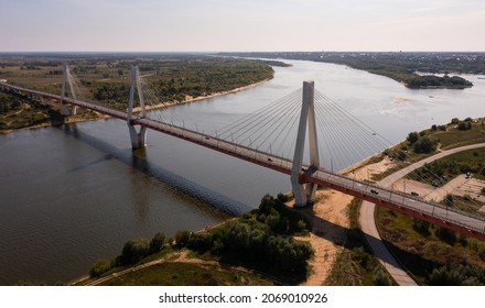 Drone view of the summer landscape of the Oka River and the cable-stayed Muromsky Bridge, Russia